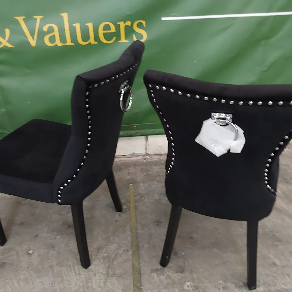 PAIR OF UPHOLSTERED BUTTONED RING BACK DINING CHAIRS BLACK PLUSH FABRIC ON DARK WOOD LEGS 