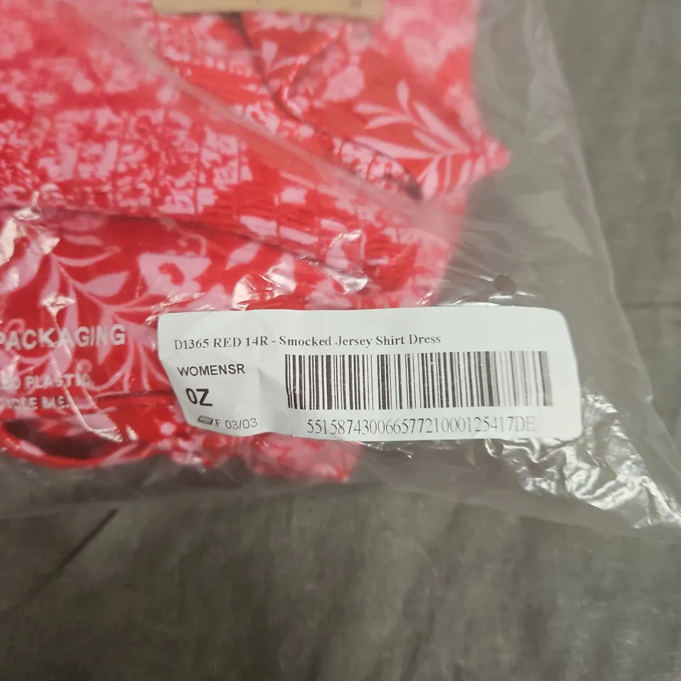 BODEN RED FLORAL SMOKED JERSEY SHIRT DRESS – D1365, UK 14 (14R)