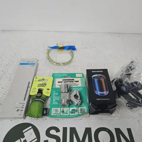 APPROXIMATELY 15 ASSORTED ITEMS INCLUDING SHIMANO CHAIN, A SADDLE MAC AND A UNIVERSAL SELF CUTTING TAP