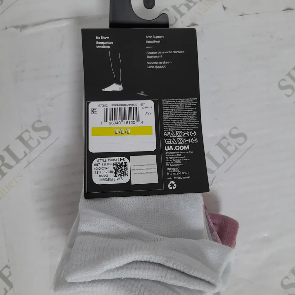 UNDER ARMOUR ESSENTIAL LIGHTWEIGHT NO SHOW SOCKS 6 PACK IN PINK GREY AND WHITE SIZE M