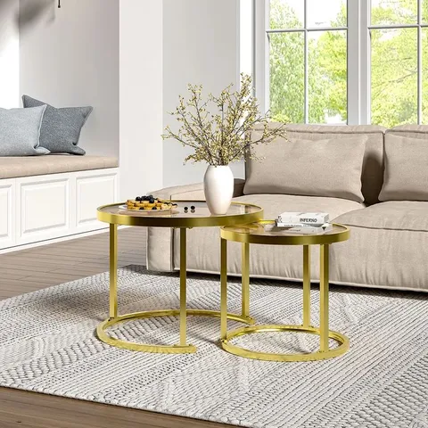 BOXED HENRICKSON GLASS TOP NEST OF TABLES - GOLD COLOURED BASE (1 BOX)
