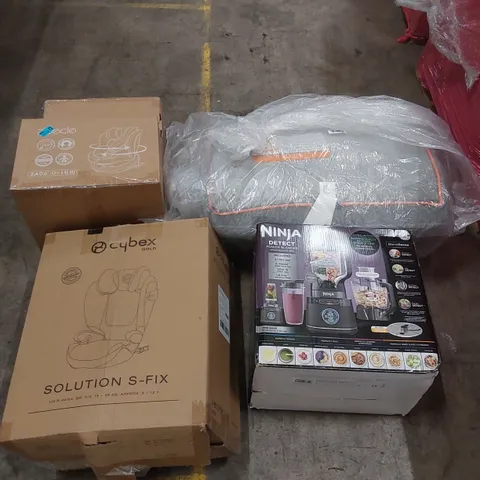 PALLET OF ASSORTED ITEMS INCLUDING: BABY CAR SEATS, THIN MATTRESS, NINJA DETECT POWER BLENDER ECT