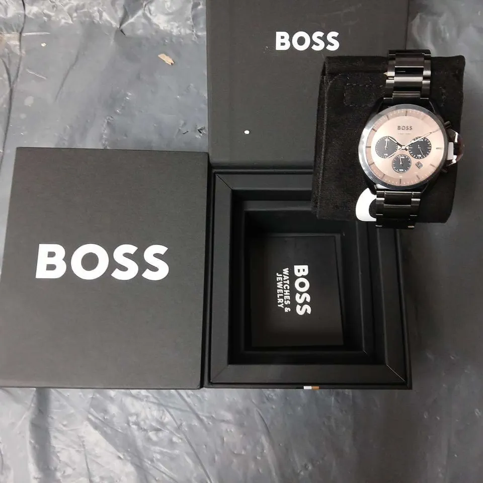 BOXED HUGO BOSS GENTS CHRONOGRAPH ALL STAINLESS STEEL WATCH 