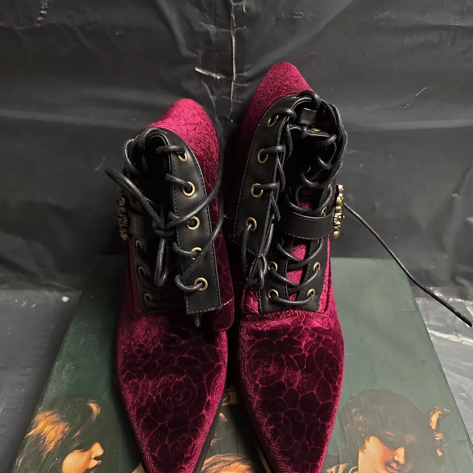 WOMEN'S BURGUNDY VELVET LACE-UP BOOTS WITH BUCKLE DETAIL - UK SIZE 6