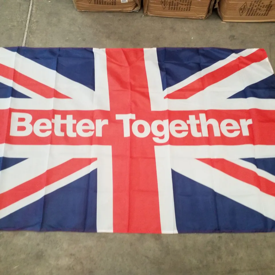 BOX CONTAINING APPROXIMATELY 100 BRAND NEW BETTER TOGETHER UNION FLAGS
