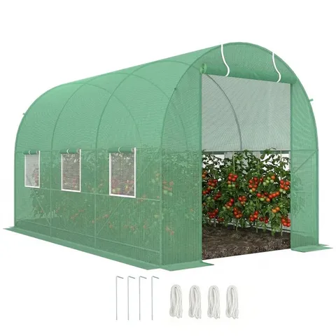 OUTSUNNY 3.5 X 2M WALK-IN POLYTUNNEL GREENHOUSE, WITH STEEL FRAME, PE COVER, ROLL-UP DOOR AND 6 WINDOWS, GREEN (1BOX)