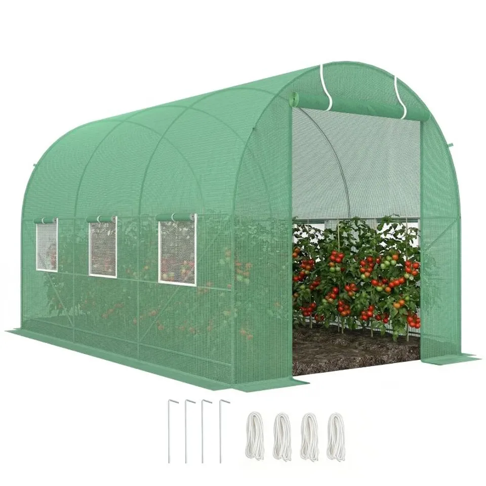 OUTSUNNY 3.5 X 2M WALK-IN POLYTUNNEL GREENHOUSE, WITH STEEL FRAME, PE COVER, ROLL-UP DOOR AND 6 WINDOWS, GREEN (1BOX)