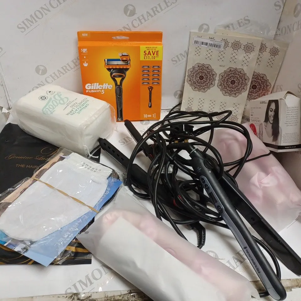 APPROXIMATELY 7 ASSORTED BEAUTY ITEMS INCLUDING HAIR STRAIGHTENERS, HENNA TRANSFERS