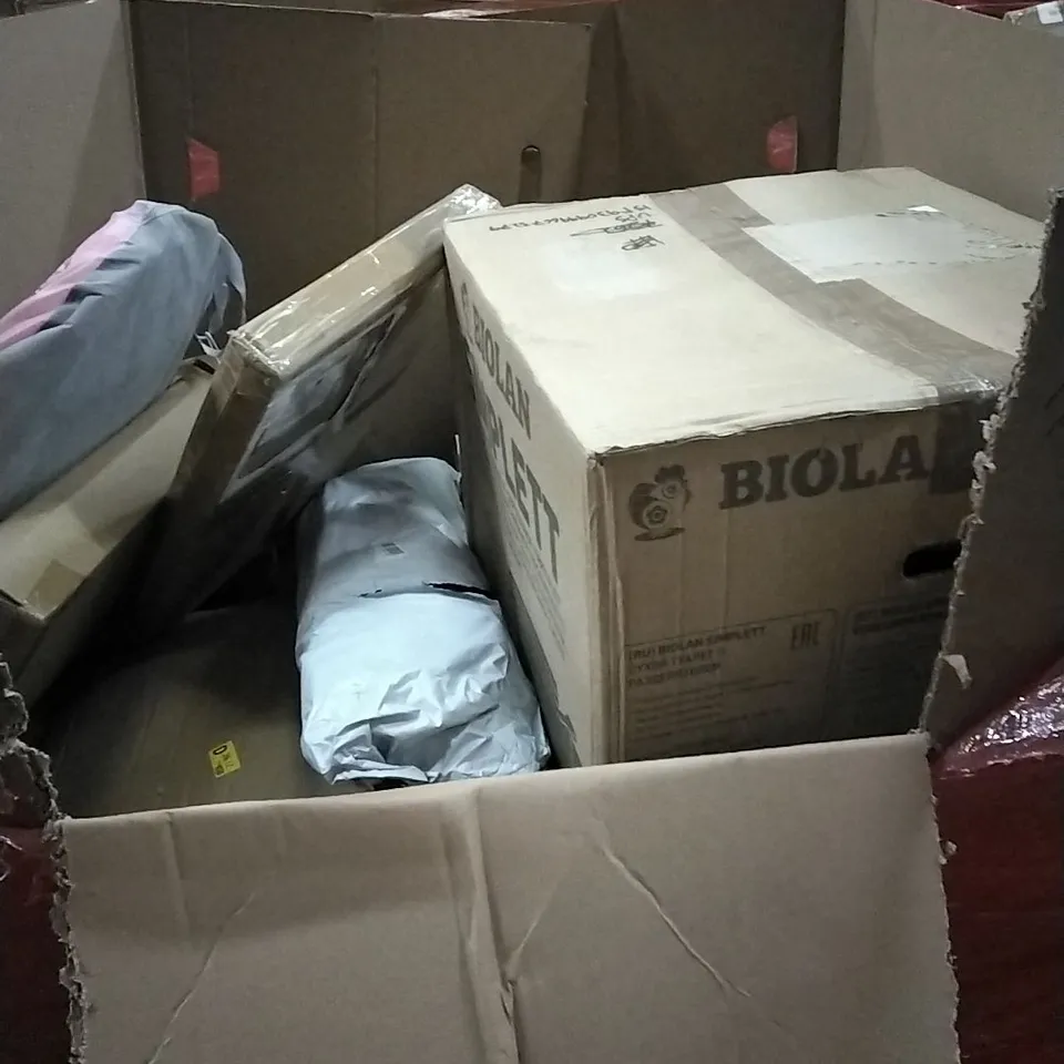 PALLET OF HOUSEHOLD ITEMS TO INCLUDE CHAIR MAT FOR CARPET, COFFEE MAKER,CONVECTOR HEATER AND OTHER ASSORTED ITEMS...