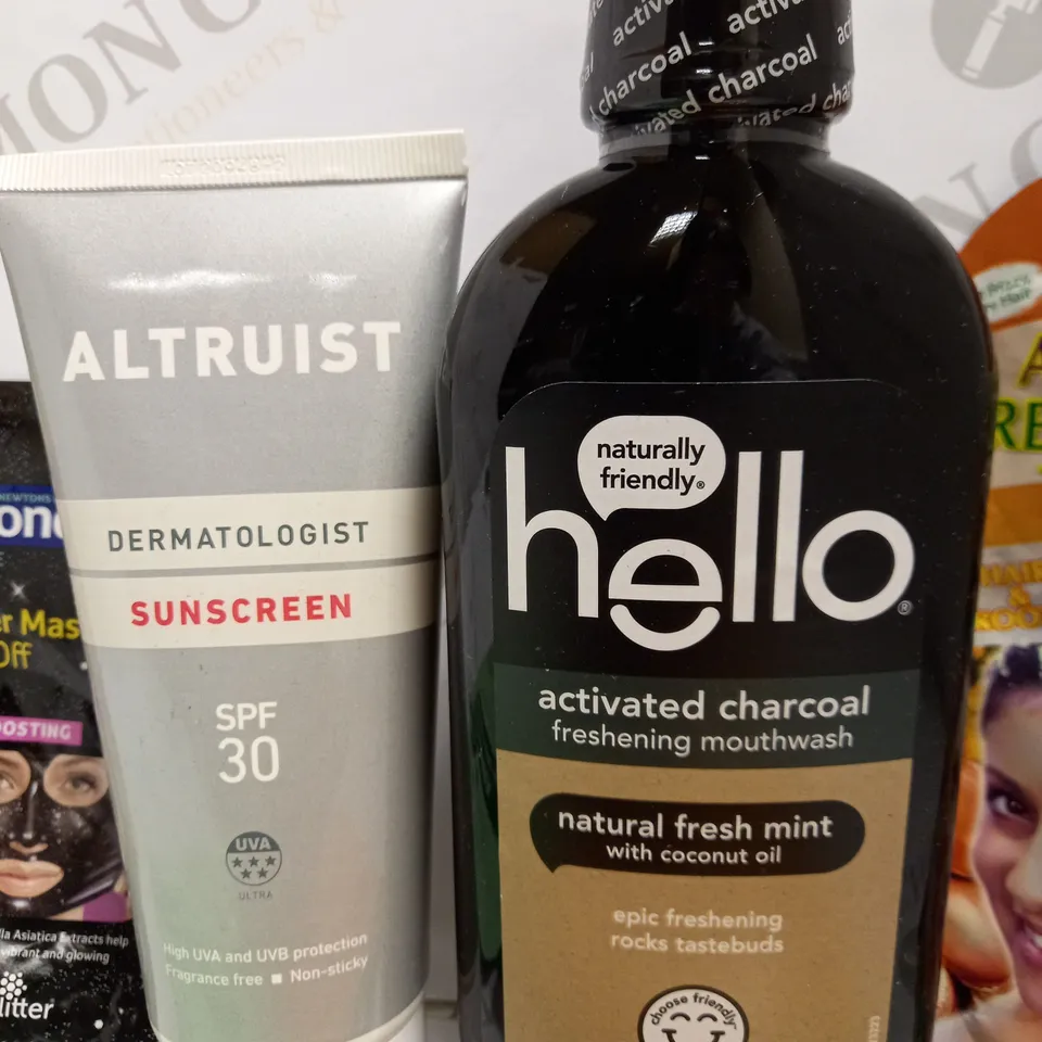 LOT OF APPROX 6 TO INCLUDE ACTIVATED CHARCOAL MOUTHWASH , SUNSCREEN , CUCUMBER INFUSED SHEET MASK , ETC