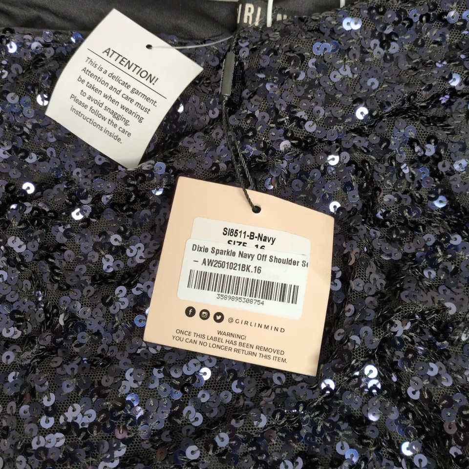 GIRL IN MIND DIXIE SPARKLE NAVY OFF-SHOULDER SEQUIN DRESS – WOMEN'S CLOTHING SIZE 16