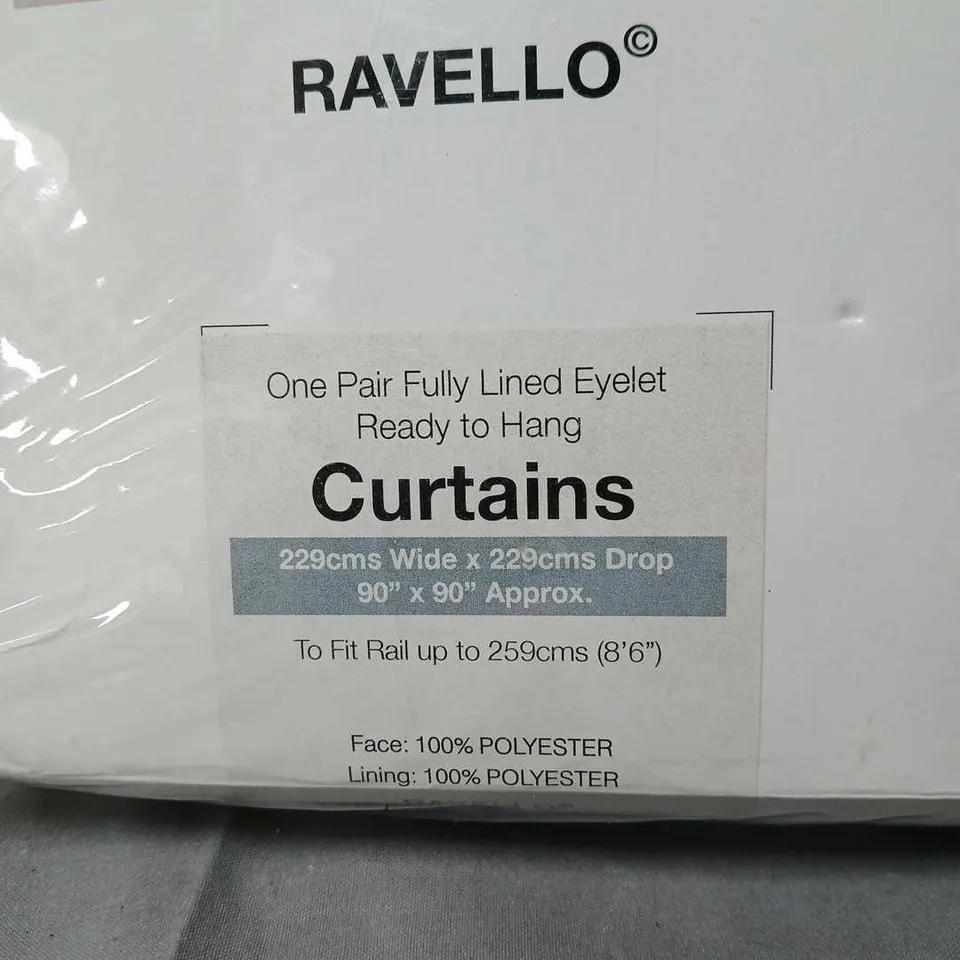 RAVELLO CURTAINS – ONE PAIR FULLY LINED EYELET, 229CM W X 229CM DROP