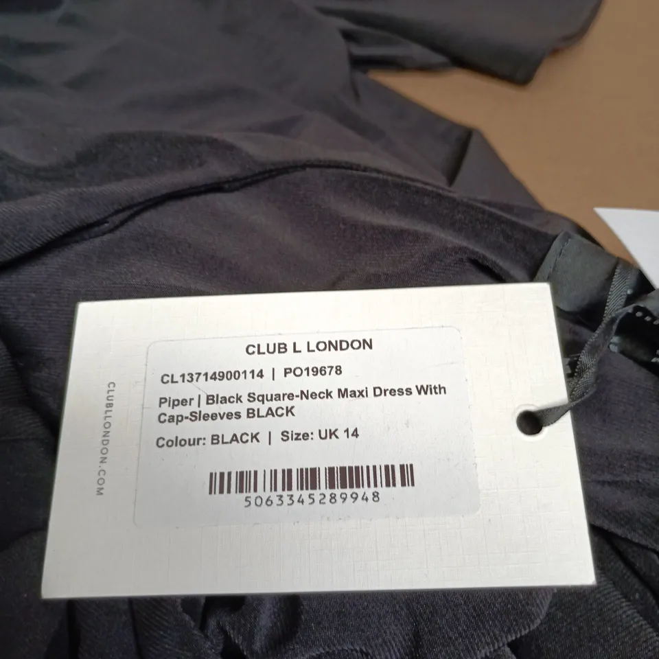 CLUB LONDON BLACK SQUARE-NECK MAXI DRESS WITH CAP SLEEVES, UK 14