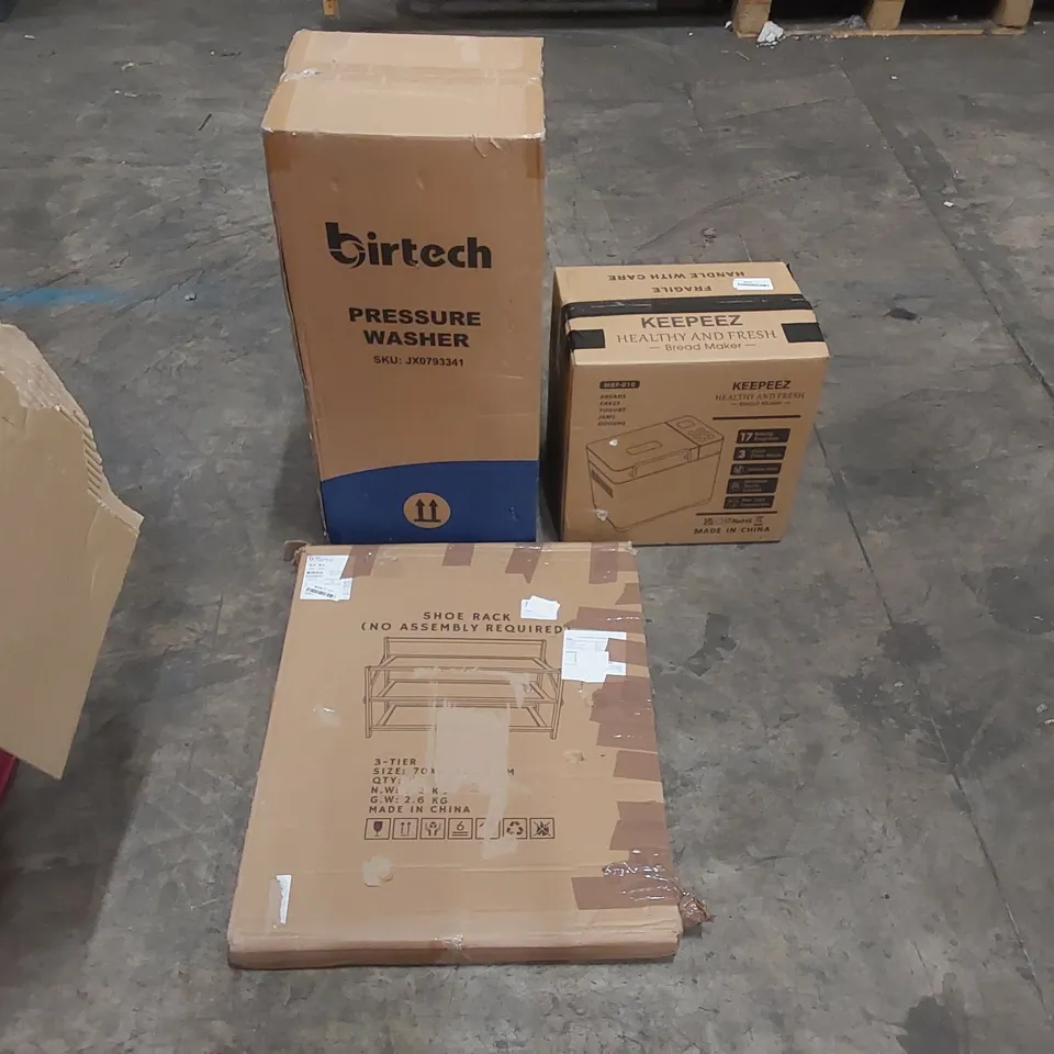 PALLET OF ASSORTED HOUSEHOLD ITEMS AND CONSUMER PRODUCTS TO INCLUDE; BREAD MAKER, AIR FRYER, SHOE RACK, PRESSURE WASHER, BIN ETC