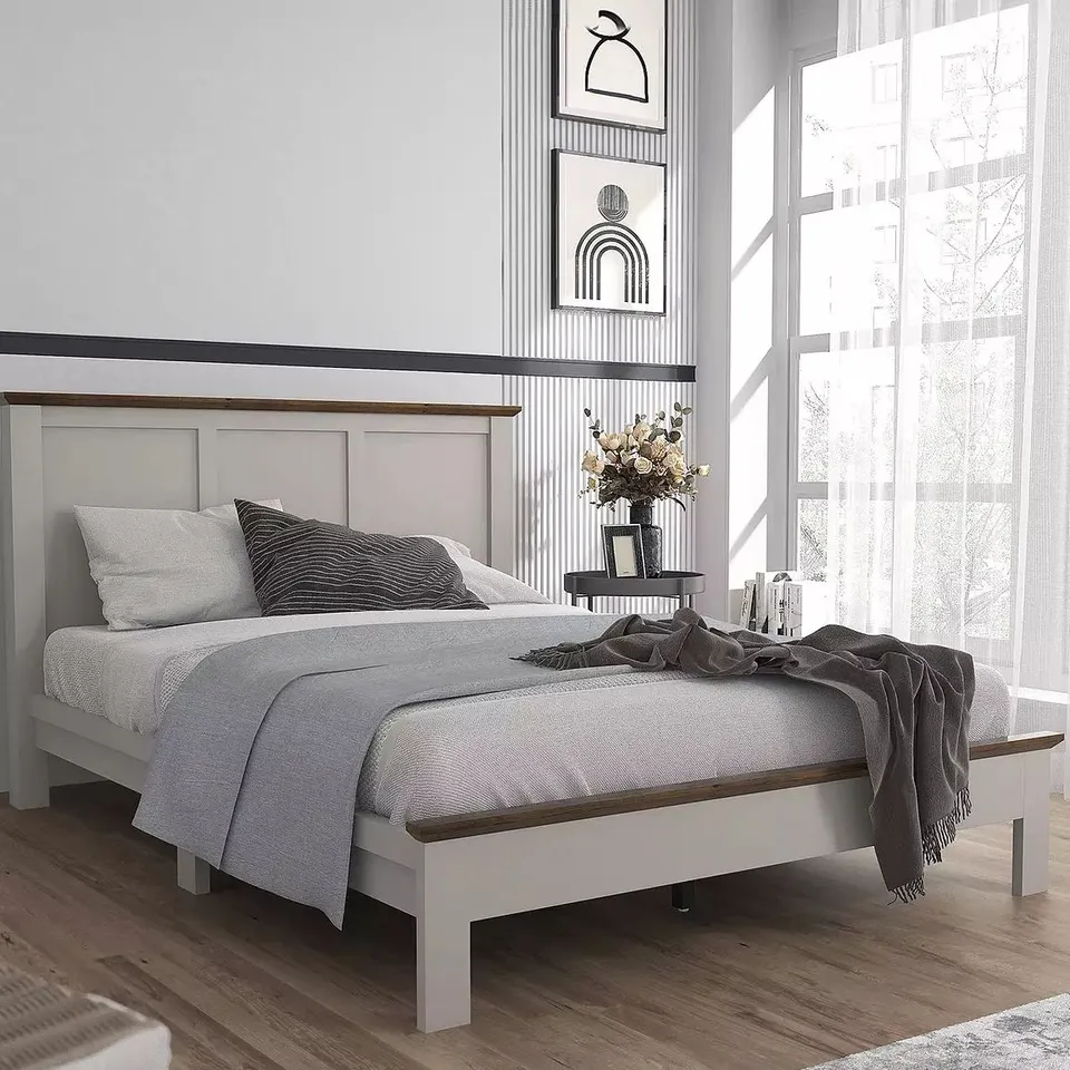 BOXED CRAWFORD DOUBLE BED WOODEN BED - GREY/DARK OAK (1 BOX)