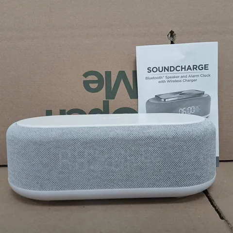 BOXED SOUNDCHARGE BLUETOOTH SPEAKER AND ALARM CLOCK WITH WIRELESS CHARGER