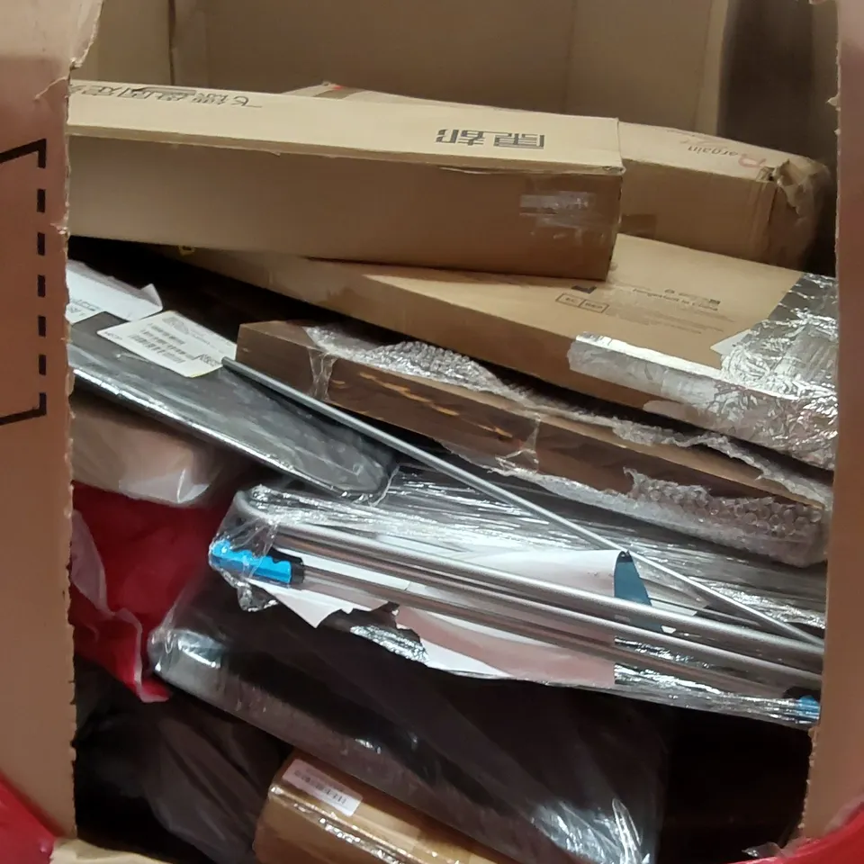 PALLET OF ASSORTED HOUSEHOLD GOODS AND PRODUCTS TO INCLUDE; BLINDS, WALL MOUNTED IRONING BOARD, EXTENDABLE WATER BRUSH, BOXED FURNITURE ETC