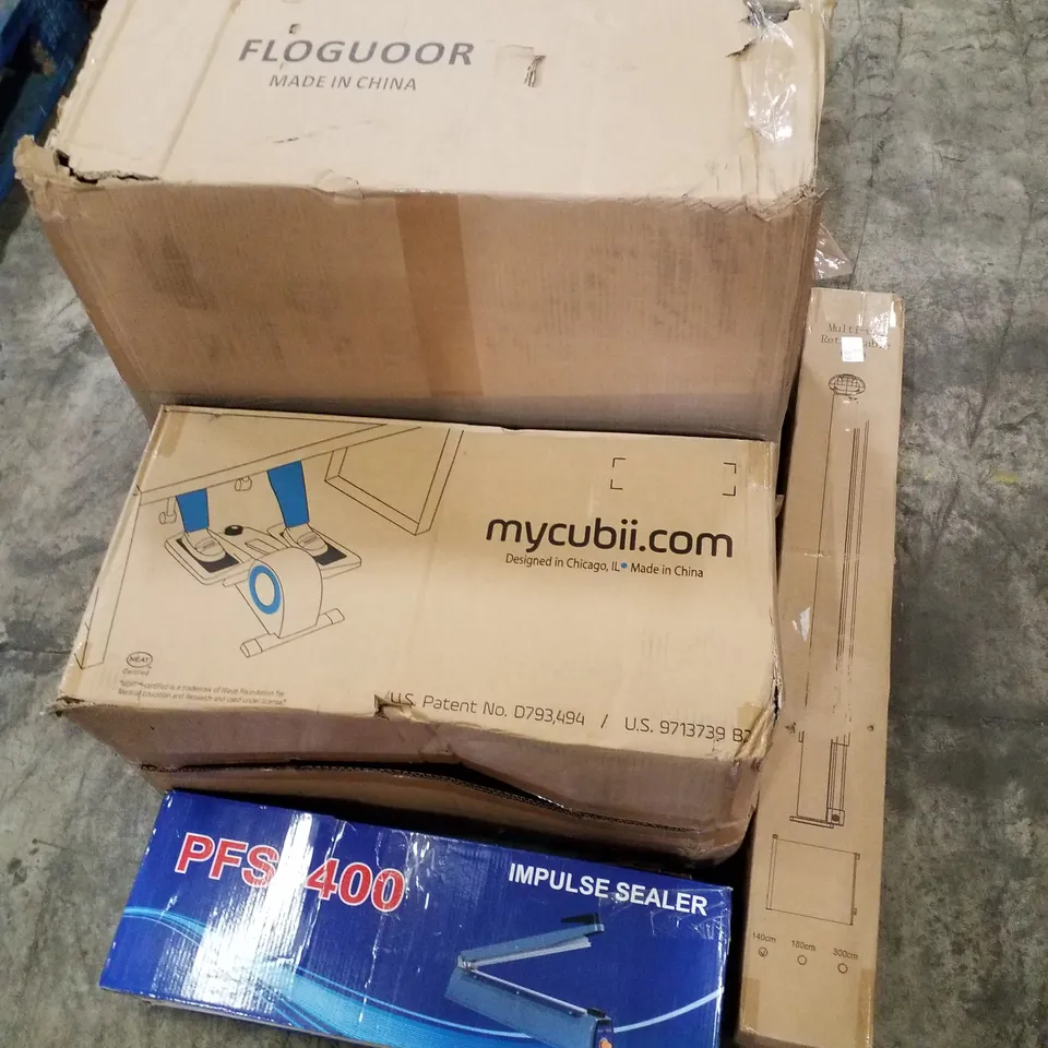 PALLET OF ASSORTED PRODUCTS INCLUDING FLOOR CHAIR, MULTI-USE RETRACTABLE GATE, IMPULSE SPEALER, UNDER DESK ELLIPTICAL 