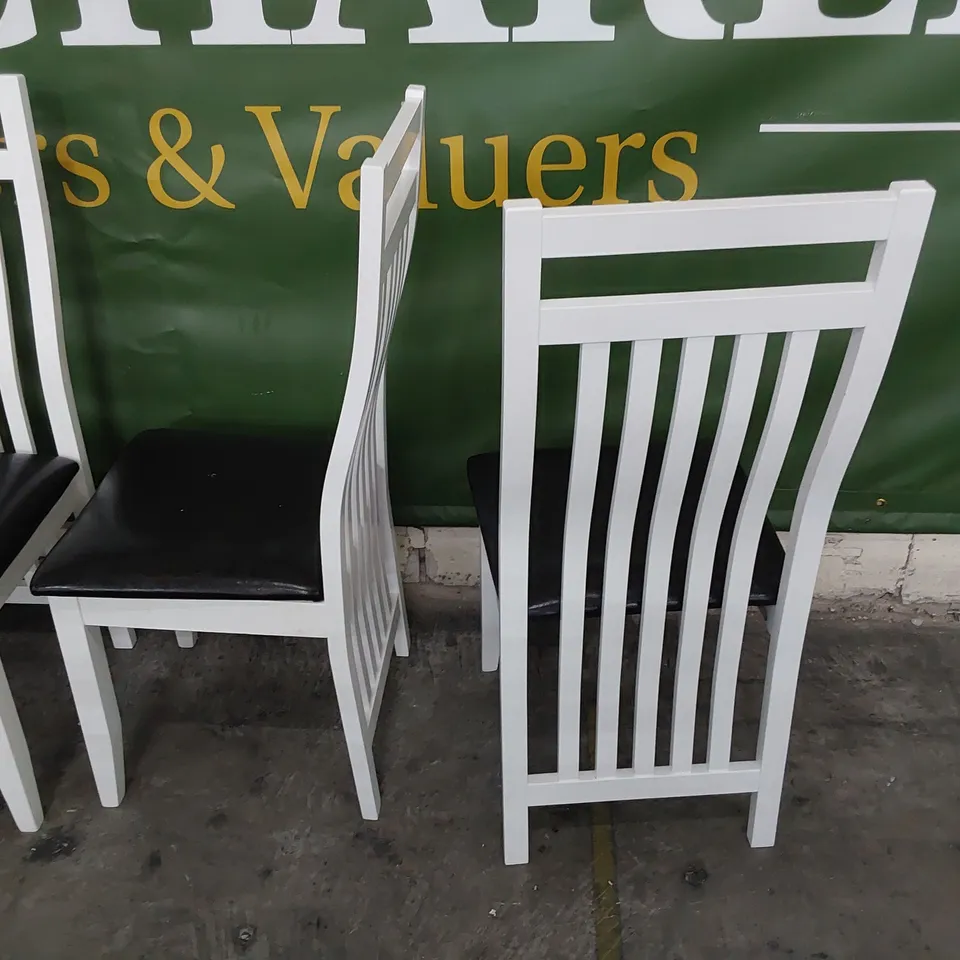 SET OF FOUR WHITE PAINTED SLAT BACK DINING CHAIRS BLACK PU UPHOLSTERED SEATS