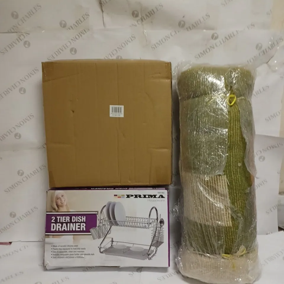 BOX TO CONTAIN 7 X HOUSEHOLD PRODUCTS, INCLUDES RUG, DISH DRAINER, WALL CLOCK, COAT HANGER SET, CUPS & PLATES ETC 