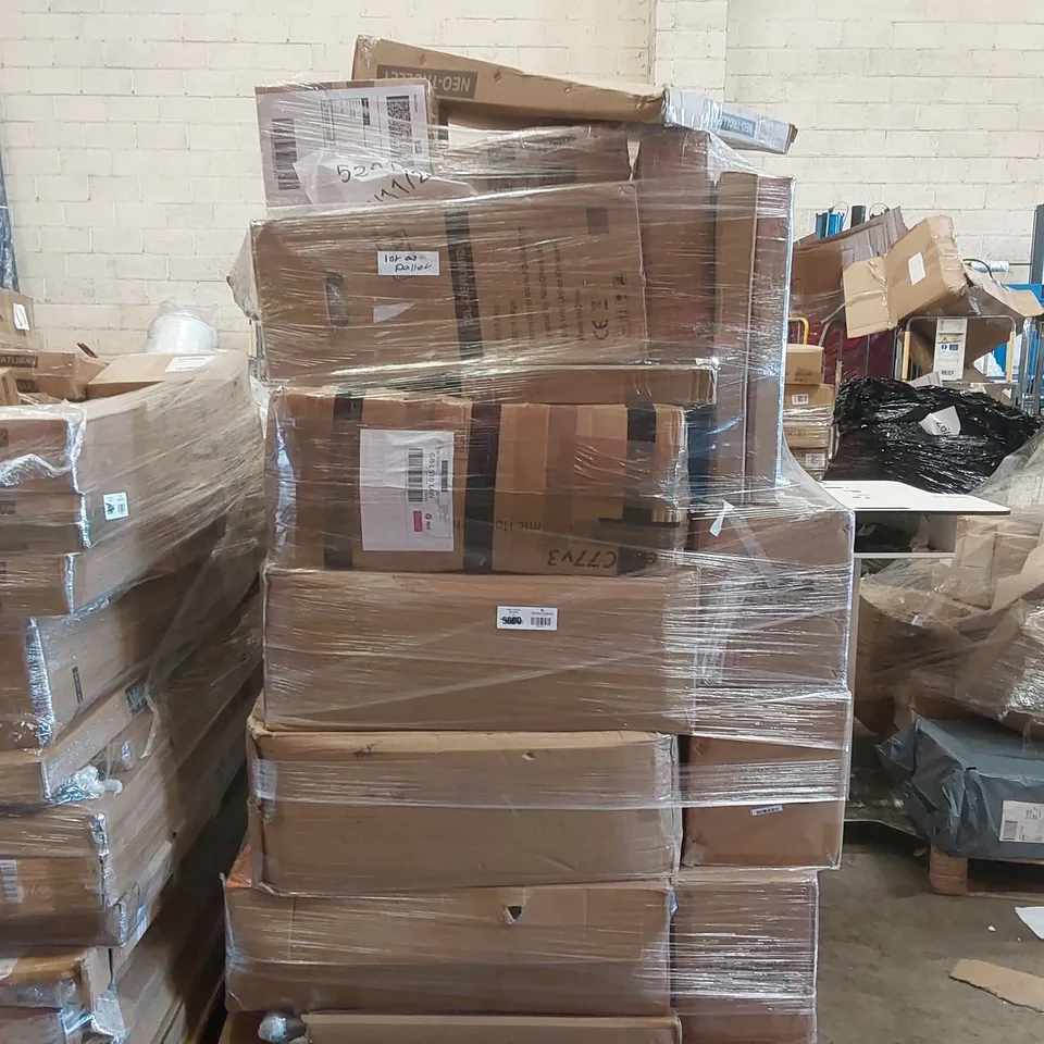 PALLET CONTAINING A LARGE QUANTITY OF ASSORTED NEO PRODUCTS INCLUDING: 4x 7FT ARTIFICIAL CHRISTMAS TREES, TROLLEY, DEHUMIDIFIER, ELECTRIC BLANKET, ELECTRIC CLOTHES AIRER, OFFICE CHAIR ECT
