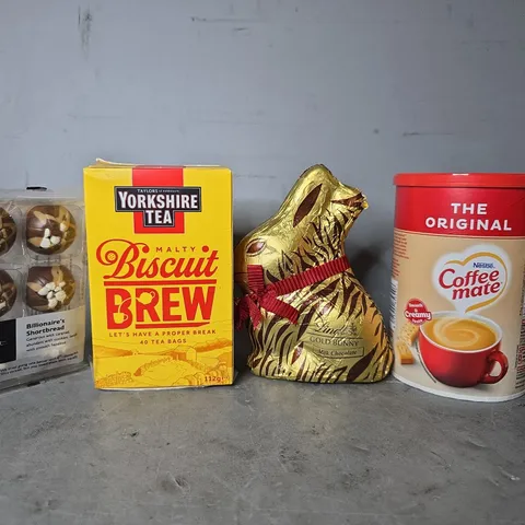 APPROXIMATELY 13 ASSORTED FOOD ITEMS TO INCLUDE - LINDT CHOCOLATE BUNNY , COFFEE MATE ETC