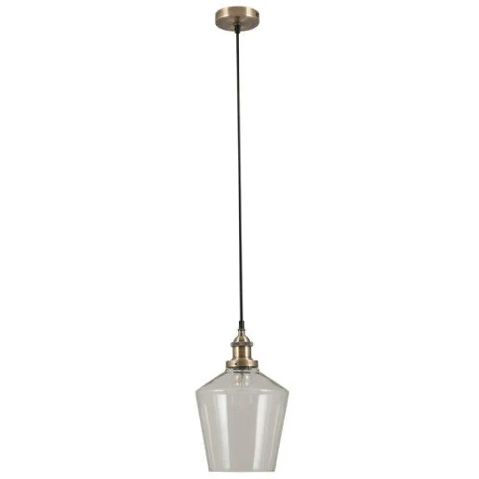 BOXED EMMANUELLE ANTIQUE BRASS METAL AND CLEAR GLASS PENDANT