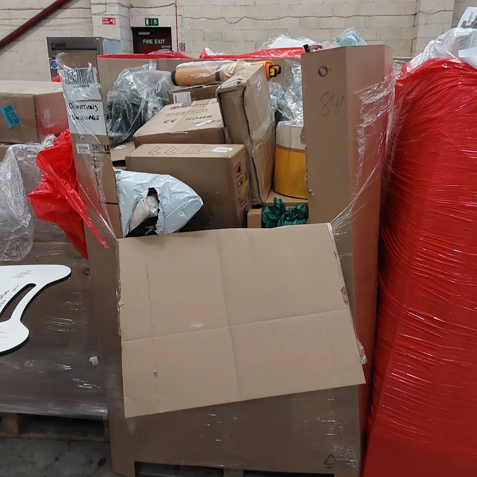 PALLET TO CONTAIN ASSORTED HOUSEHOLD ITEMS AND CONSUMER PRODUCTS. INCLUDING ARC FLOOR LAMP, SIDE TABLES, LAMP SHADE, FLUSH MOUNT ETC 