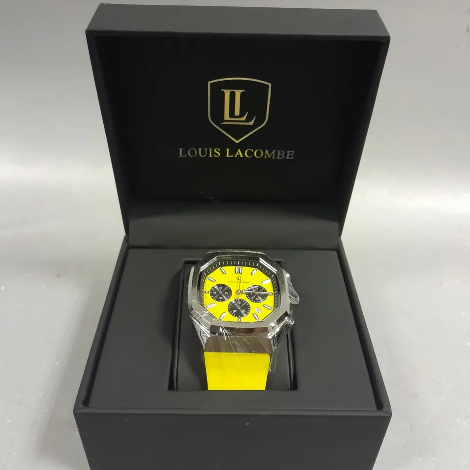 MENS LOUIS LACOMBE CHRONGRAPH WATCH – 3 SUB DIALS – SILVER COLOUR CASE – YELLOW RUBBER STRAP