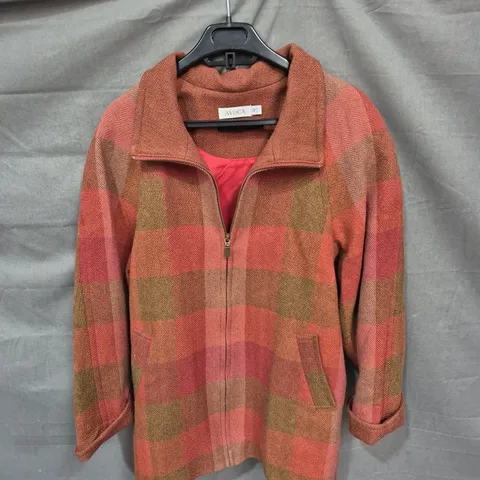 AVOCA WOOL ZIP-FRONT CHECK JACKET – RED/BROWN PLAID – UK 12