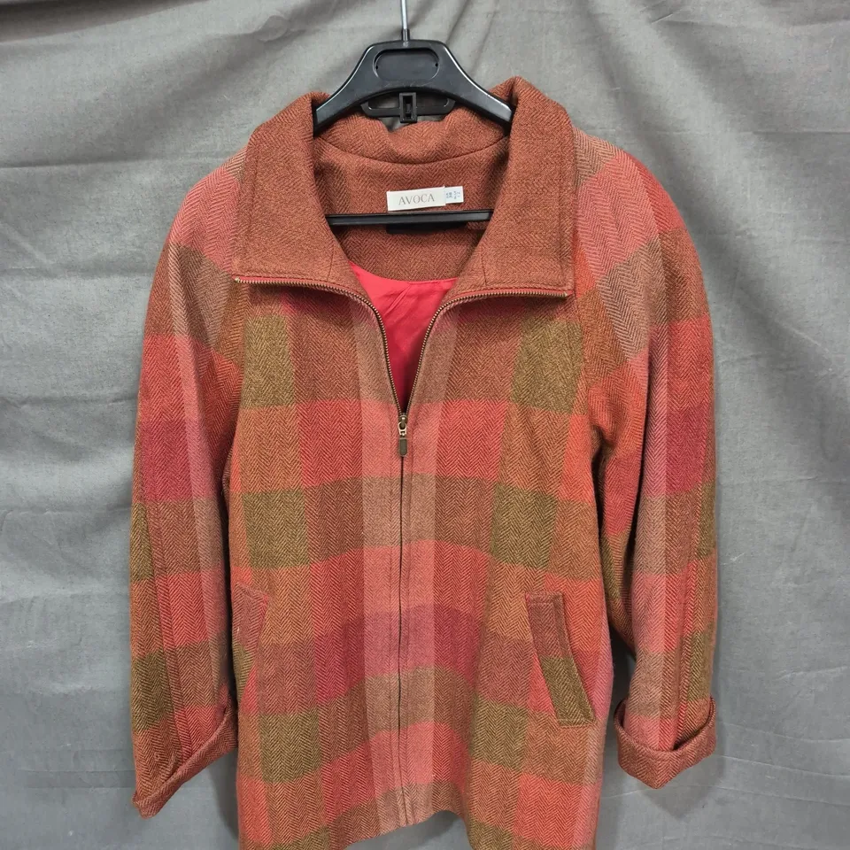 AVOCA WOOL ZIP-FRONT CHECK JACKET – RED/BROWN PLAID – UK 12