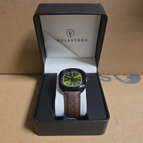 VONLANTHEN AVIATION WATCH FEATURING A GREEN DIAL AND A BROWN LEATHER STRAP