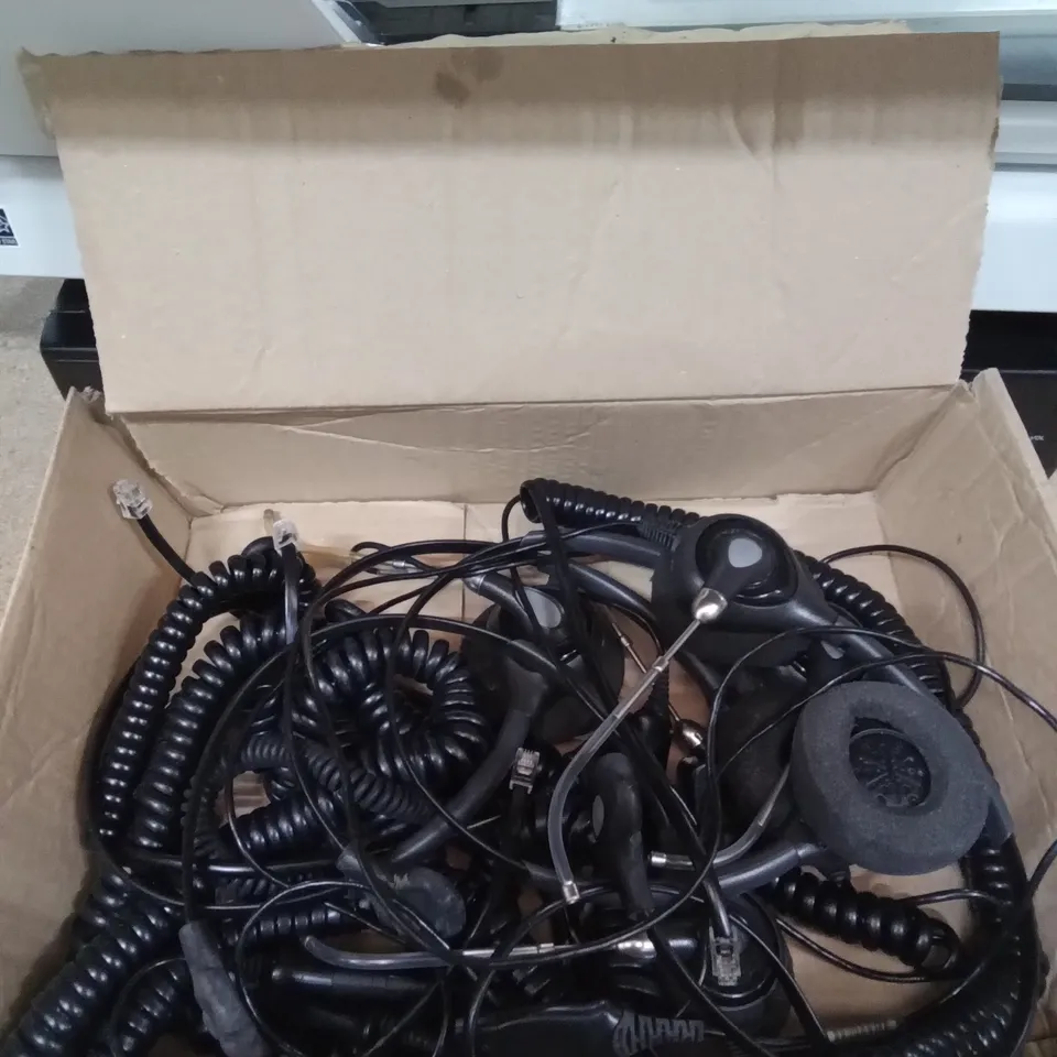 BOX OF ELECTRONICS INCLUDING VISION POWER AMPLIFIER, EPSON SCANNER AND ASSORTED HEADSETS