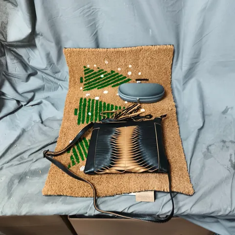 BOX OF APPROXIMATELY 15 ASSORTED ITEMS INCLUDING XMAS DOOR MAT, PURSE, SUNGLASSES IN CASE ETC