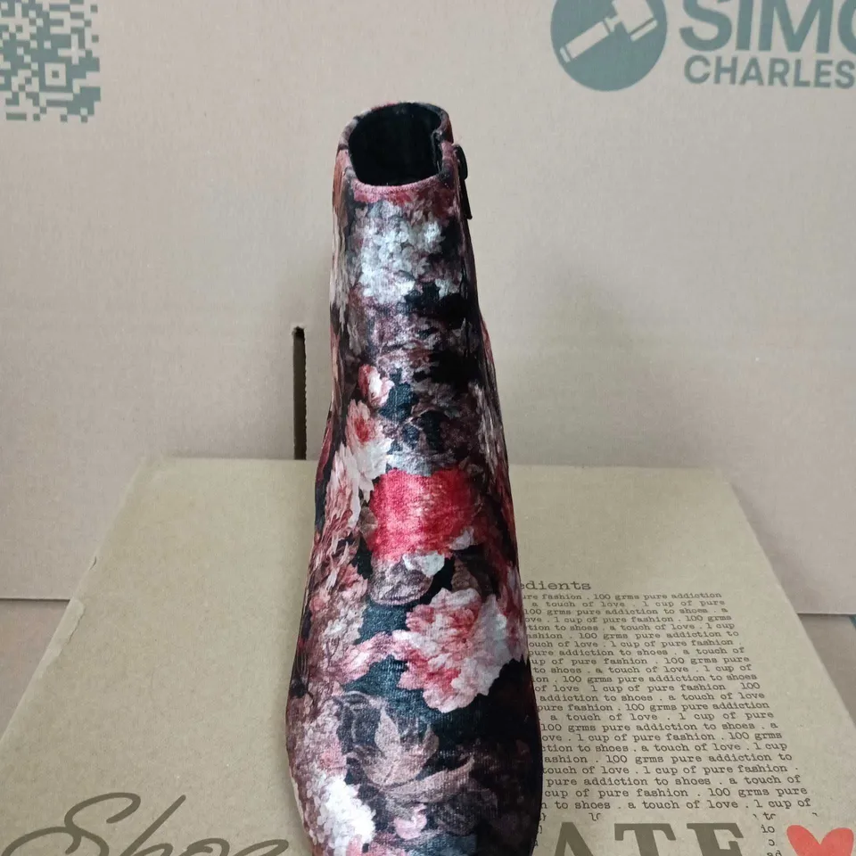 BOXED PAIR OF SHOE COLATE FLORAL ANKLE BOOTS - SIZE 41