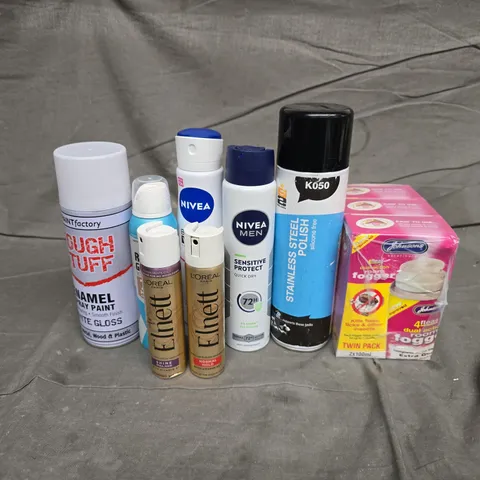 APPROXIMATELY 15 ASSORTED AEROSOLS TO INCLUDE NIVEA MEN ANTI-PERSPIRANT, TOUGH STUFF ENAMEL SPRAY PAINT, STAINLESS STEEL POLISH, ETC - COLLECTION ONLY