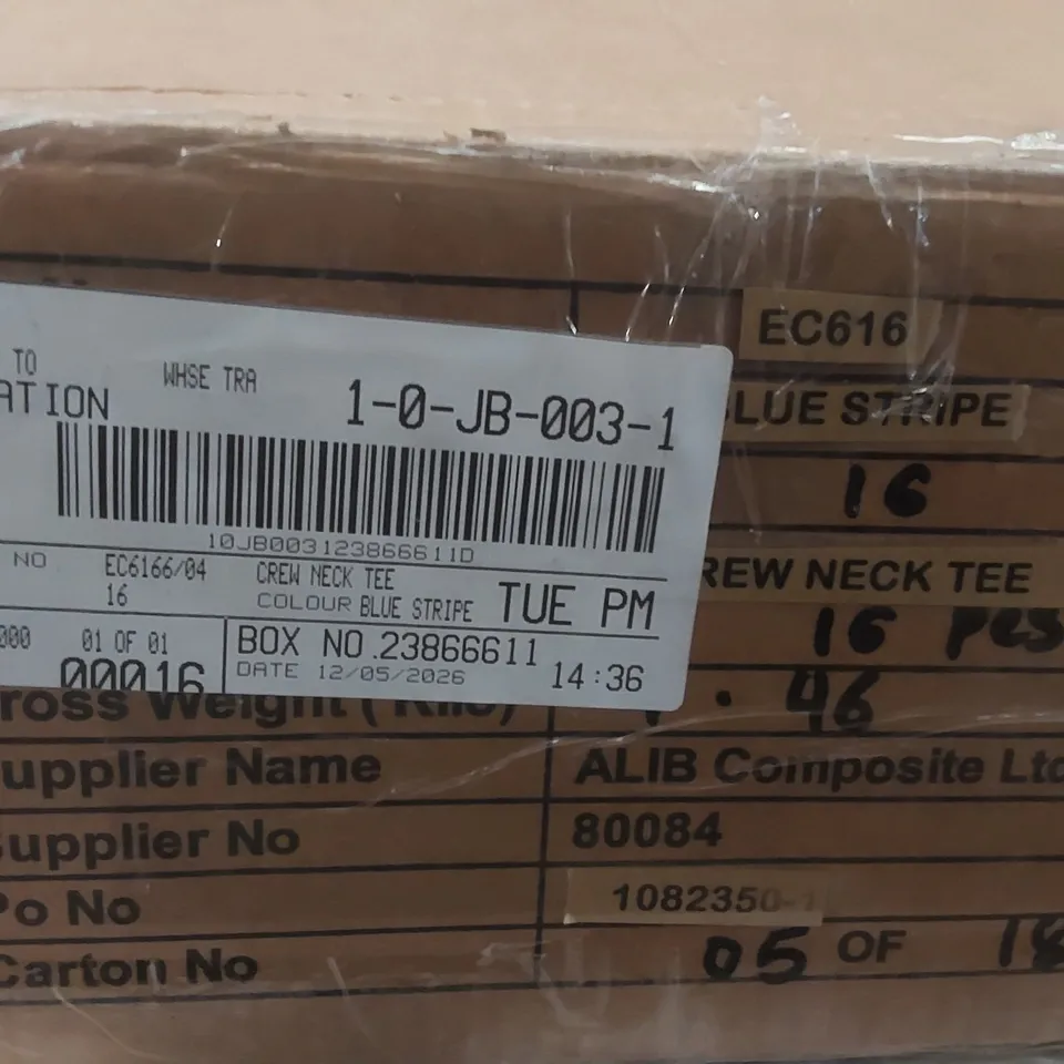 BOX CONTAINING APPROXIMATELY 16x BRAND NEW SIMPLY BE BLUE STRIPE CREW NECK TEES - SIZE 16