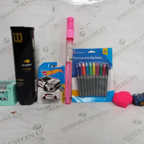 BOX OF APPROX 50 ASSORTED TOYS TO INCLUDE - WILSON US OPEN TENNIS BALLS - HOT WHEELS FORD FOCUS RS - METAL DIE CAST MODEL LETS CELEBATE ECT