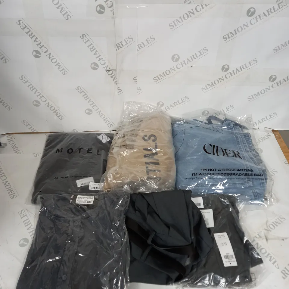 LARGE BOX OF ASSORTED CLOTHING ITEMS IN VARIOUS COLOURS AND SIZES INCLUDING TROUSERS , TOPS AND JUMPERS 
