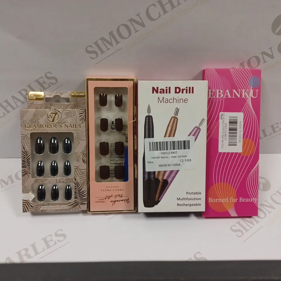 APPROXIMATELY 10 NAIL PRODUCTS TO INCLUDE FALSE NAILS, NAIL DRILL MACHINE, AND NAIL BRUSHES