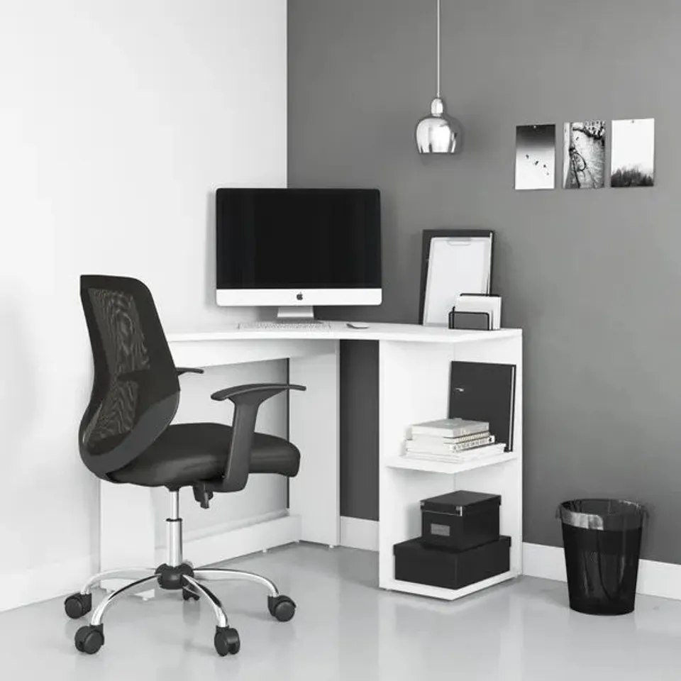 BOXED ALPHASON CHESIL CORNER DESK WITH STORAGE - WHITE (1 BOX)