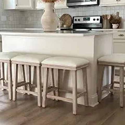 BOXED WHITE SOLID WOOD BAR STOOLS SET OF 4 FOR KITCHEN COUNTER COUNTER HEIGHT COASTAL BARSTOOLS WITH FAUX LEATHER FARMHOUSE UPHOLSTERED STOOLS FOR 34"-38" ISLAND, CREAMY WHITE CUSHION, WOOD LEGS (1 BO