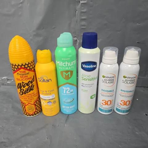 APPROXIMATELY 10 ASSORTED AEROSOLS TO INCLUDE WOOD SILK, SUNCARE MIST, AND AMBRE SOLAIRE ETC. 