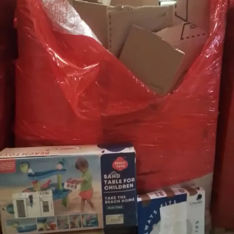 PALLET OF ASSORTED HOUSEHOLD GOODS AND PRODUCTS TO INCLUDE;AIR COOLER,BEACH TOYS,TOILET SEAT