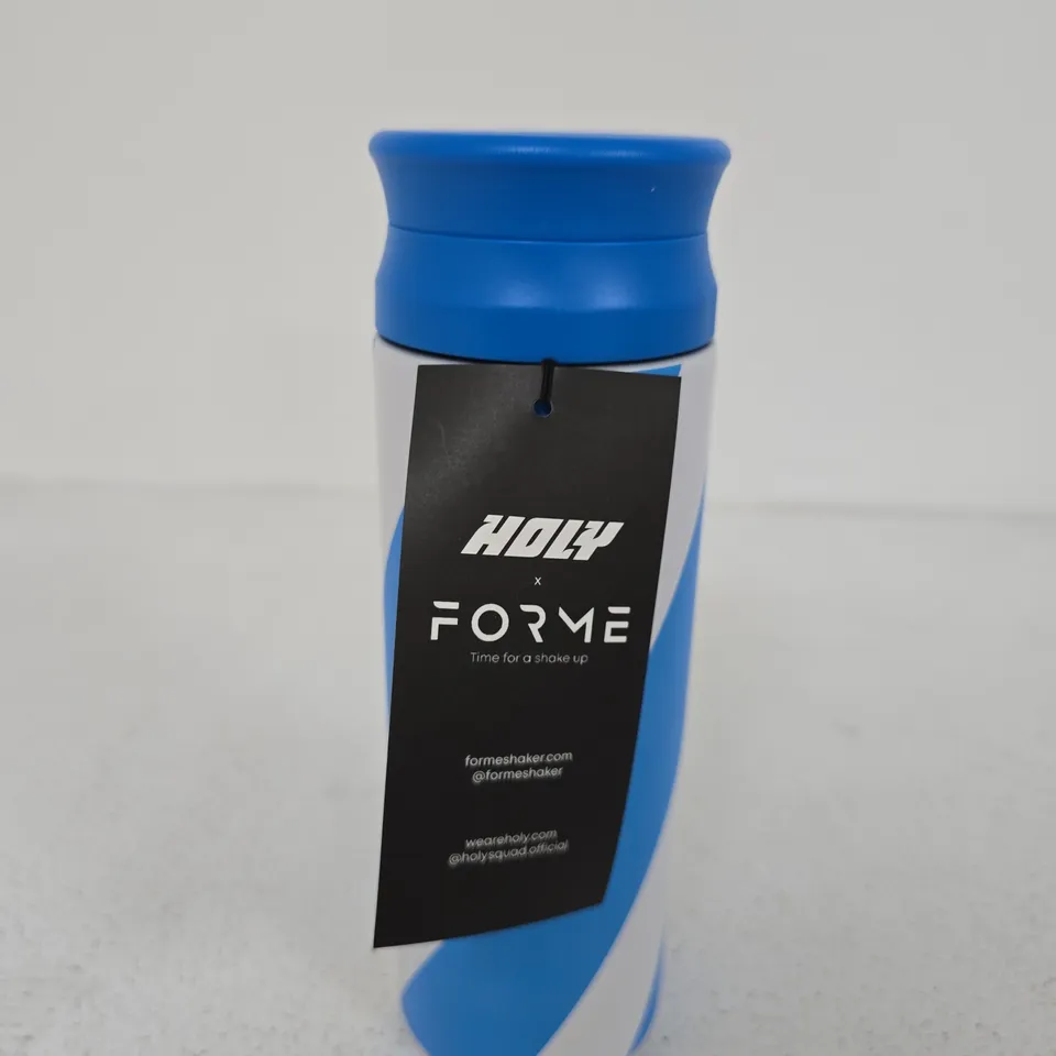 BLUE WATER BOTTLE WITH WHITE DIAGONAL STRIPE PATTERN