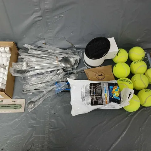 APPROXIMATELY 10 ASSORTED HOUSEHOLD ITEMS TO INCLUDE TENNIS BALLS, MINNOW, AND UTENSILS ETC 