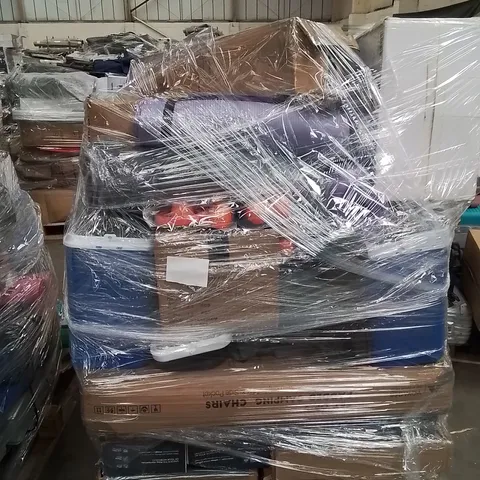 PALLET CONTAINING VARIOUS ELECTRICAL ITEMS AND HOUSEHOLD PRODUCTS TO INCLUDE: CAMPING CHAIRS, YOGA MATS,KIDS CAR SEAT