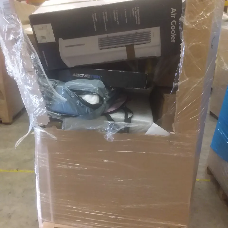 PALLET OF ASSORTED ITEMS INCLUDING TOWER FAN, UNDER DESK KEYBOARD TRAY, 2 STEP STOOL, AIR COOLER 