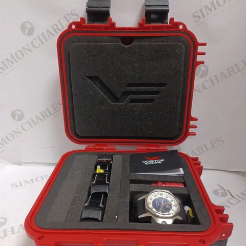 BOXED VOSTOK EUROPE WATCH - STAINLESS STEEL FACE - SKELETON BACK - LEATHER STRAP, RUBBER STRAP - TRIGALIGHT H3 ILLUMINATION - WATER RESISTANT 200M.