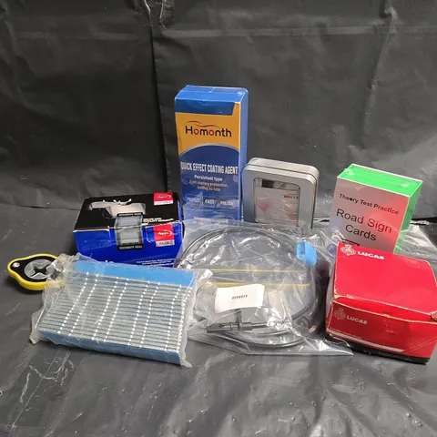 APPROXIMATELY 10 ASSORTED VEHICLE PARTS & ACCESSORIES TO INCLUDE QUICK EFFECT COATING AGENT, BRAKE PADS SET, ROAD SIGN CARDS, ETC